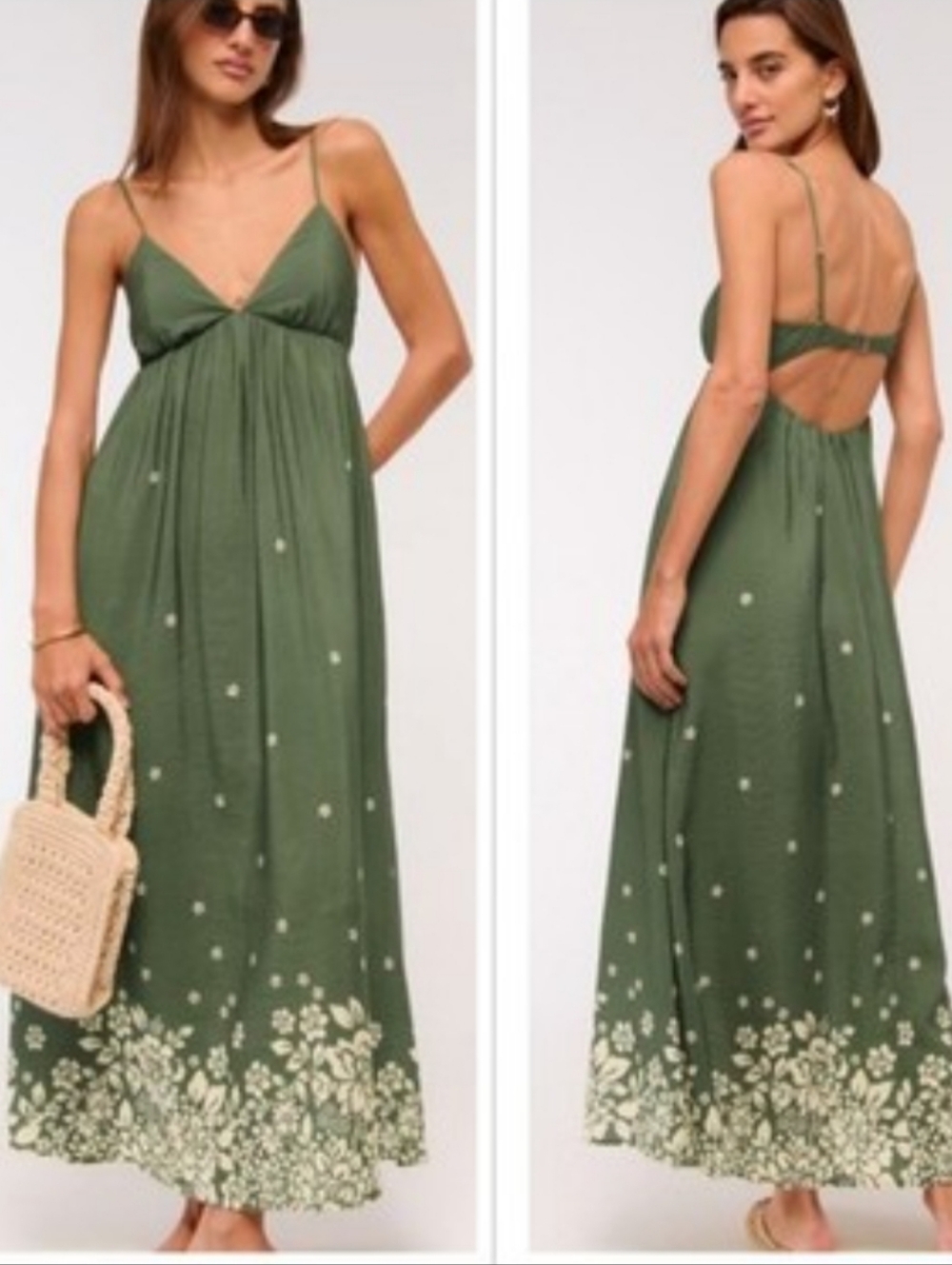 Abercrombie & Fitch Olive Green Maxi Dress with Cream Floral Hem sz SP